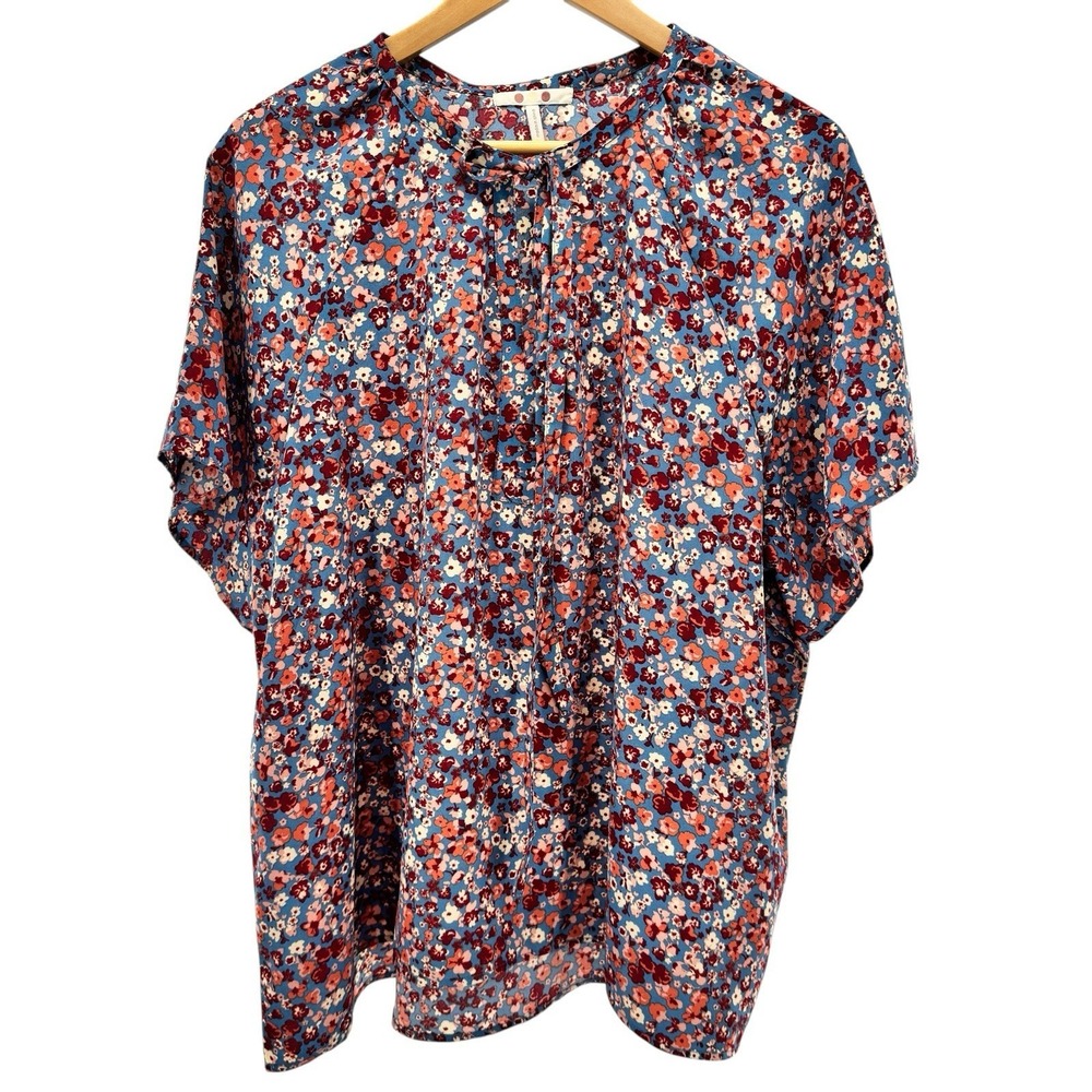 THREE DOTS Women's Floral Top XL Boho Prairie Peasant Cottagecore Tie Neck